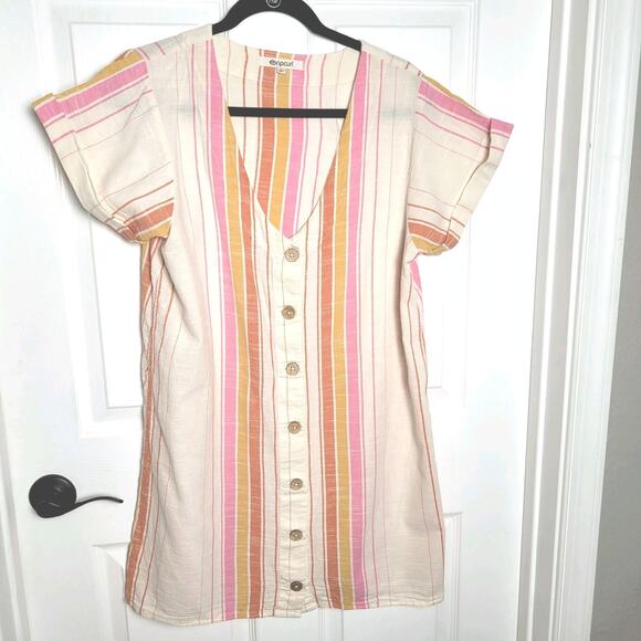 Rip Curl Dress Womens Large Pink Orange Striped Button Front V Neck Beach Summer - Picture 1 of 10